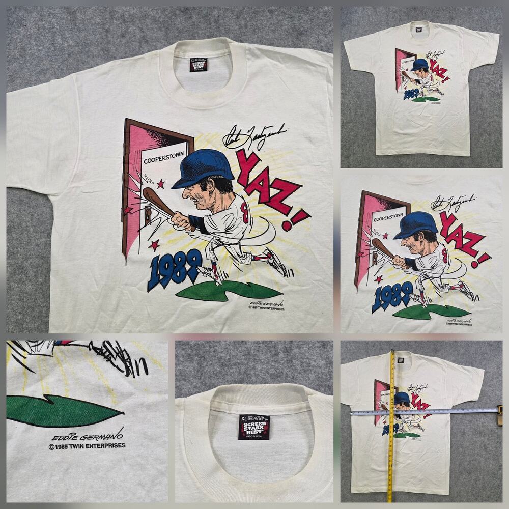 VTG Yaz Cooperstown T‎ Shirt Mens XL White 1989 Screen Stars Baseball Caricature